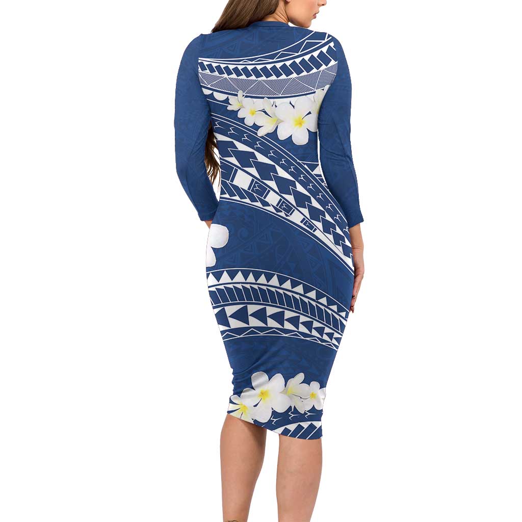 Polynesian Vintage Floral Family Matching Long Sleeve Bodycon Dress and Hawaiian Shirt Navy Blue Motifs - Polynesian Pride
