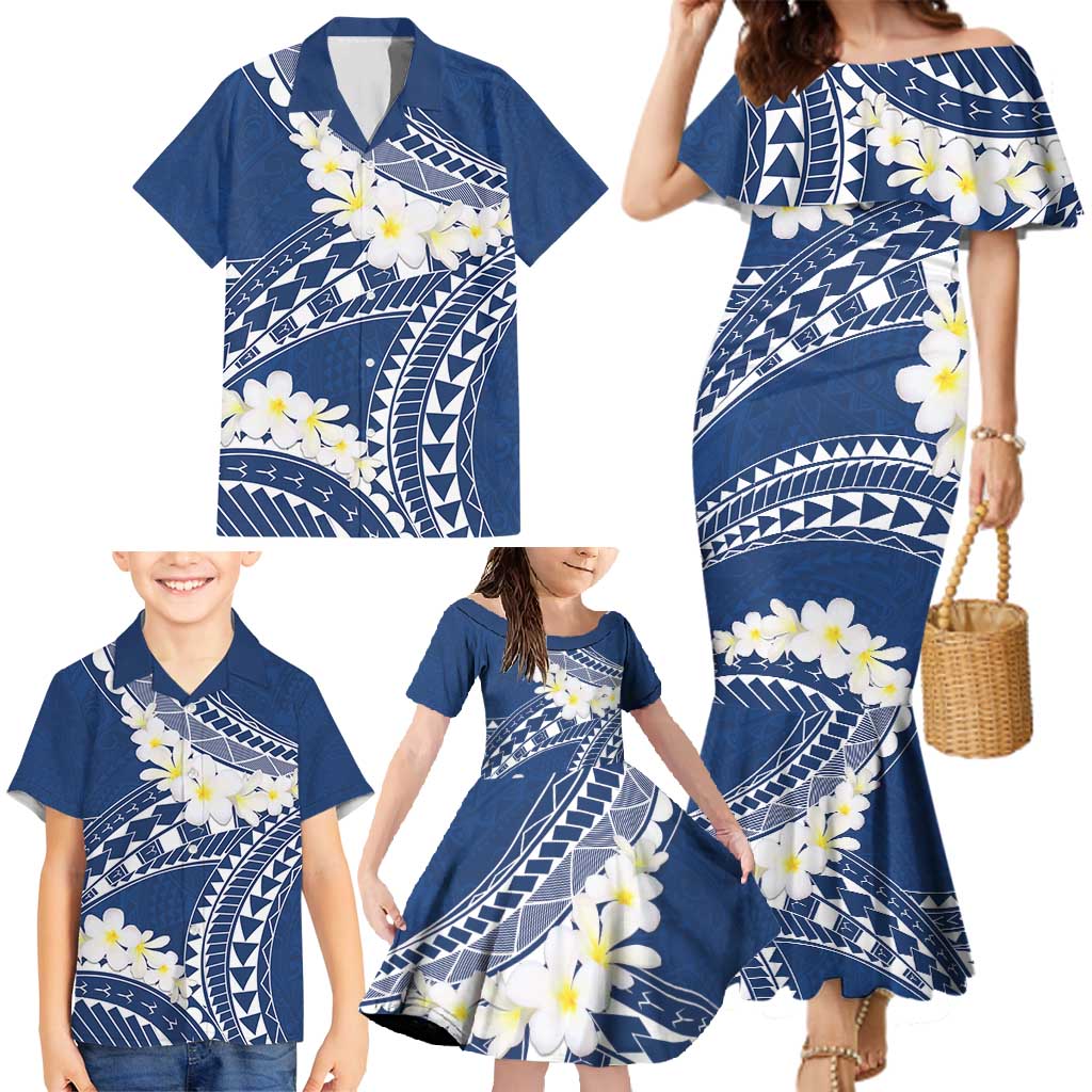 Polynesian Vintage Floral Family Matching Mermaid Dress and Hawaiian Shirt Navy Blue Motifs - Polynesian Pride