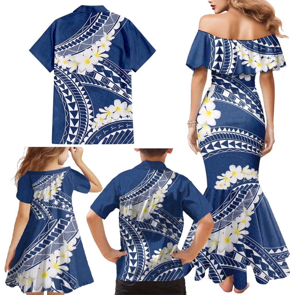 Polynesian Vintage Floral Family Matching Mermaid Dress and Hawaiian Shirt Navy Blue Motifs - Polynesian Pride