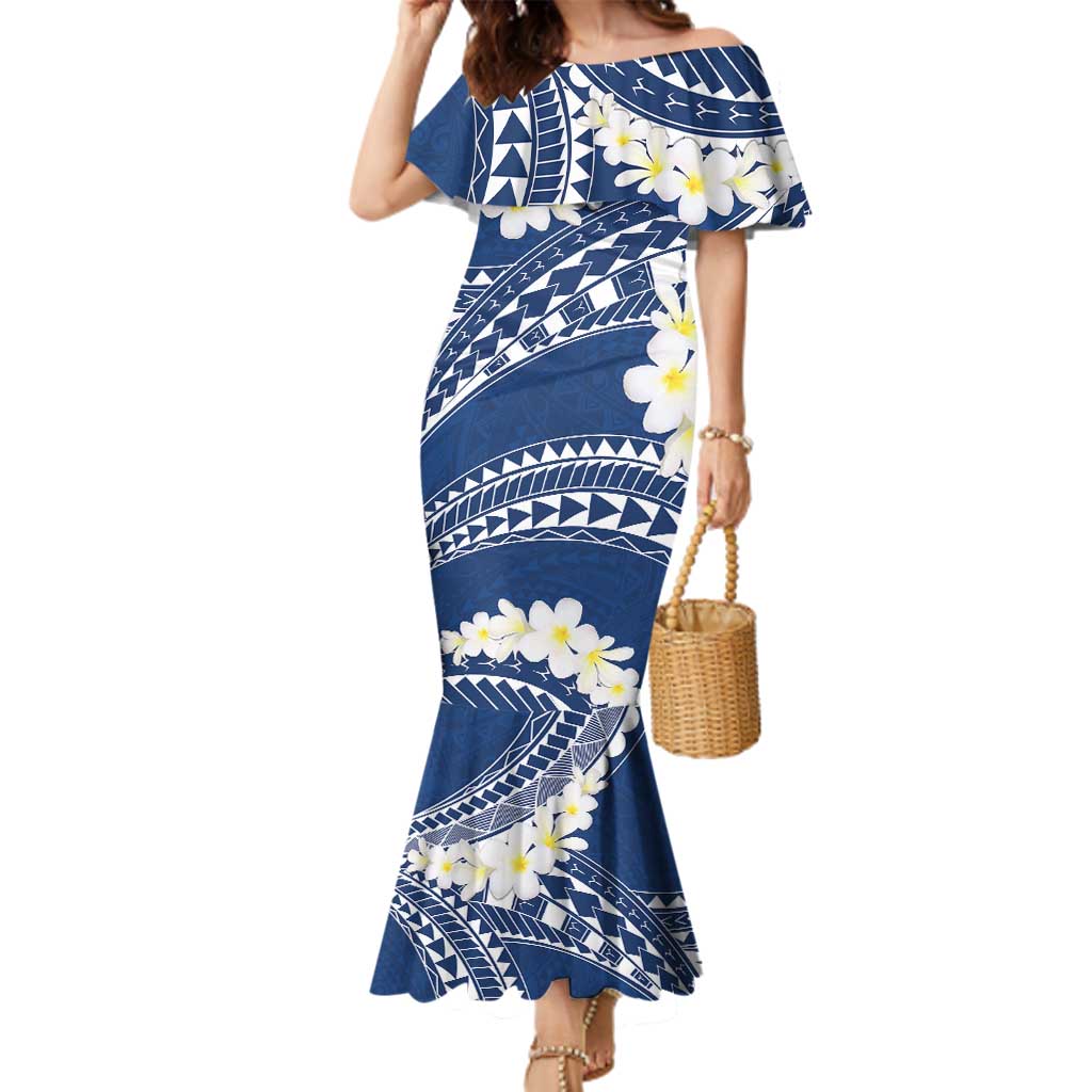 Polynesian Vintage Floral Family Matching Mermaid Dress and Hawaiian Shirt Navy Blue Motifs - Polynesian Pride