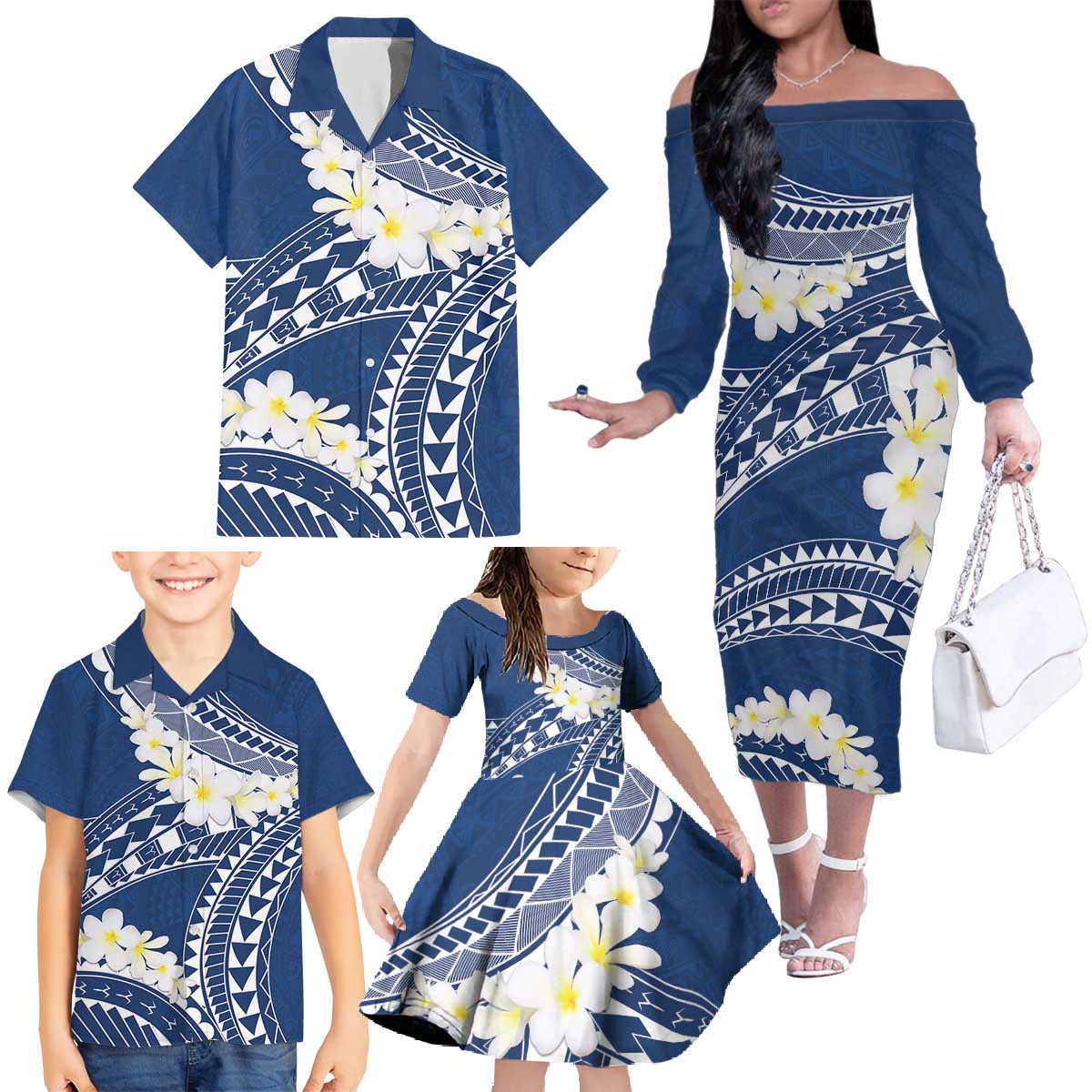 Polynesian Vintage Floral Family Matching Off The Shoulder Long Sleeve Dress and Hawaiian Shirt Navy Blue Motifs - Polynesian Pride