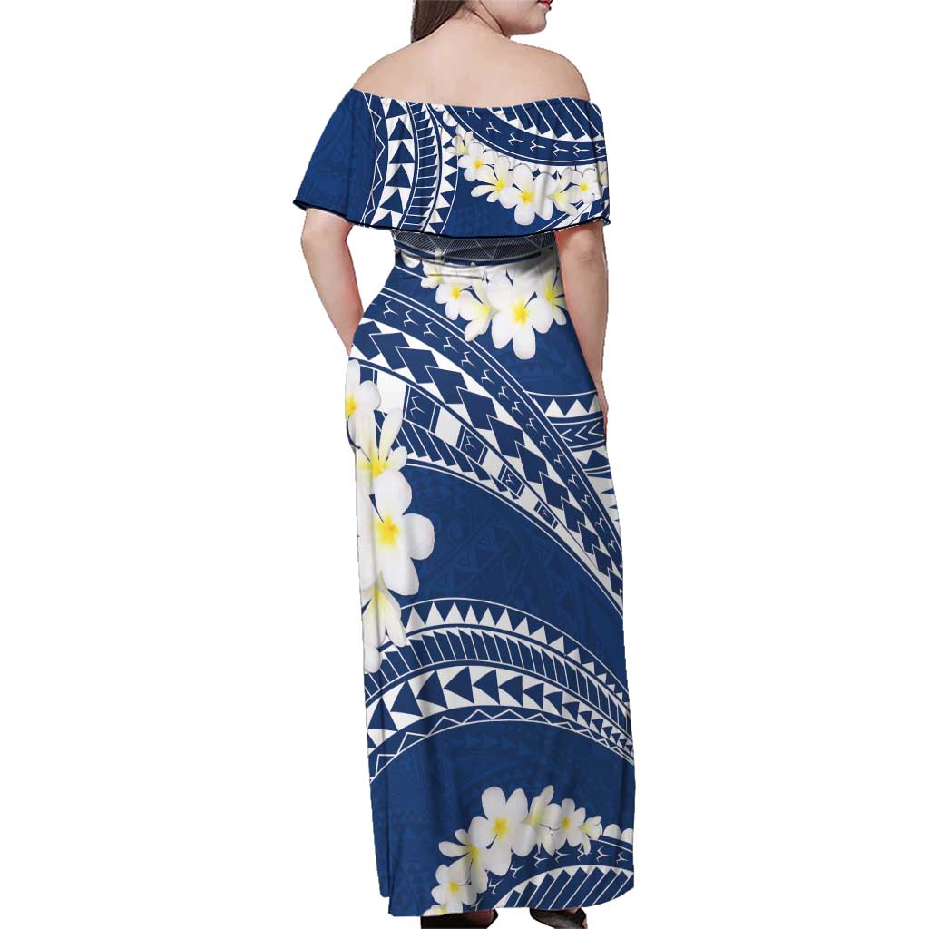 Polynesian Vintage Floral Family Matching Off Shoulder Maxi Dress and Hawaiian Shirt Navy Blue Motifs - Polynesian Pride