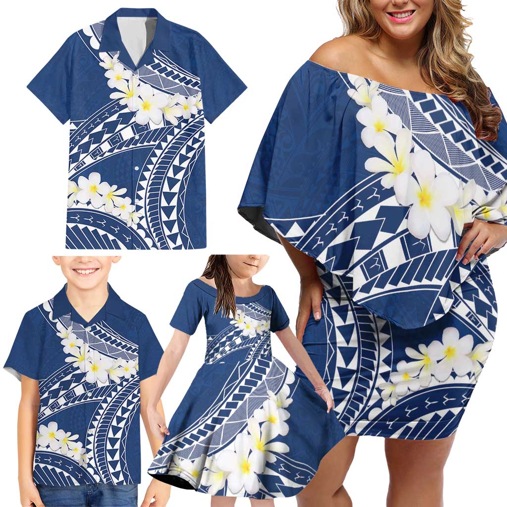 Polynesian Vintage Floral Family Matching Off Shoulder Short Dress and Hawaiian Shirt Navy Blue Motifs - Polynesian Pride