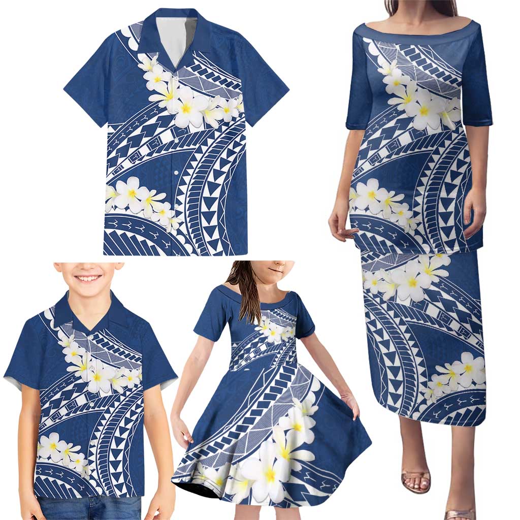 Polynesian Vintage Floral Family Matching Puletasi and Hawaiian Shirt Navy Blue Motifs - Polynesian Pride