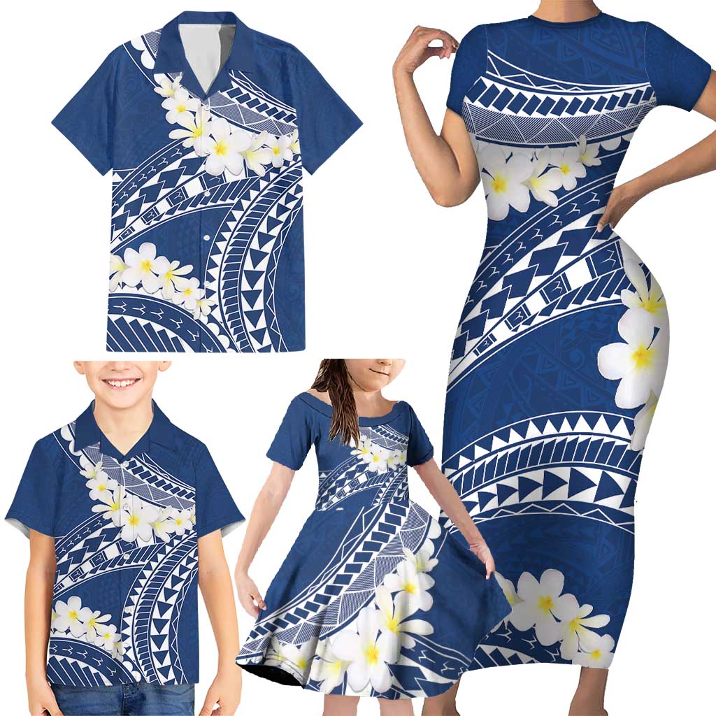 Polynesian Vintage Floral Family Matching Short Sleeve Bodycon Dress and Hawaiian Shirt Navy Blue Motifs - Polynesian Pride
