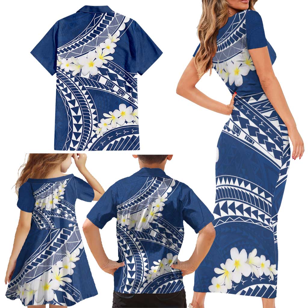 Polynesian Vintage Floral Family Matching Short Sleeve Bodycon Dress and Hawaiian Shirt Navy Blue Motifs - Polynesian Pride