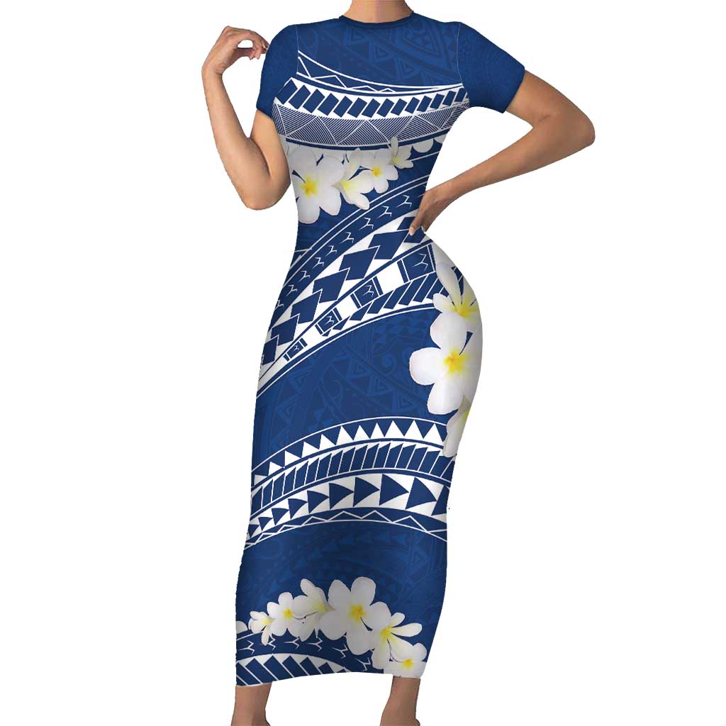 Polynesian Vintage Floral Family Matching Short Sleeve Bodycon Dress and Hawaiian Shirt Navy Blue Motifs - Polynesian Pride