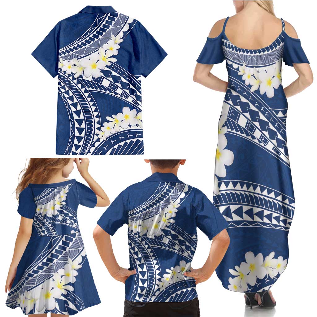 Polynesian Vintage Floral Family Matching Summer Maxi Dress and Hawaiian Shirt Navy Blue Motifs - Polynesian Pride
