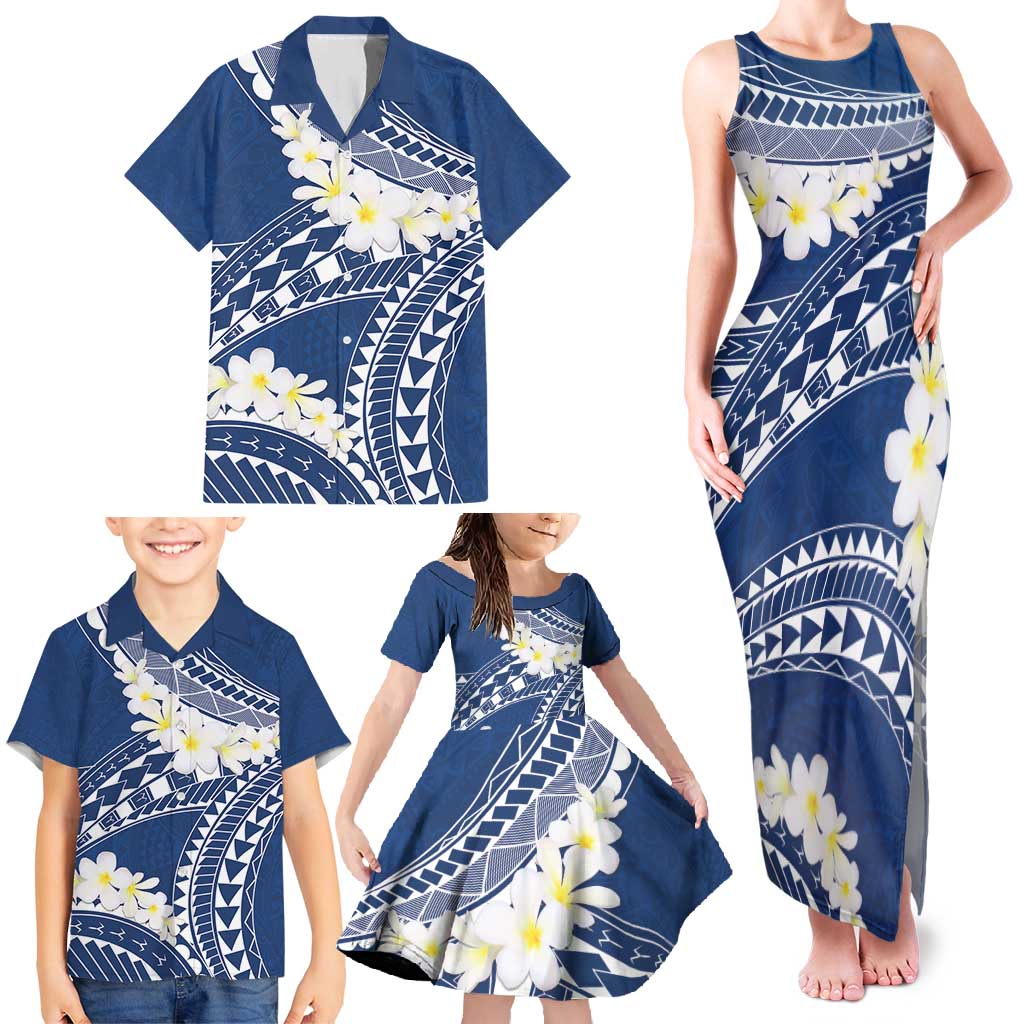 Polynesian Vintage Floral Family Matching Tank Maxi Dress and Hawaiian Shirt Navy Blue Motifs - Polynesian Pride