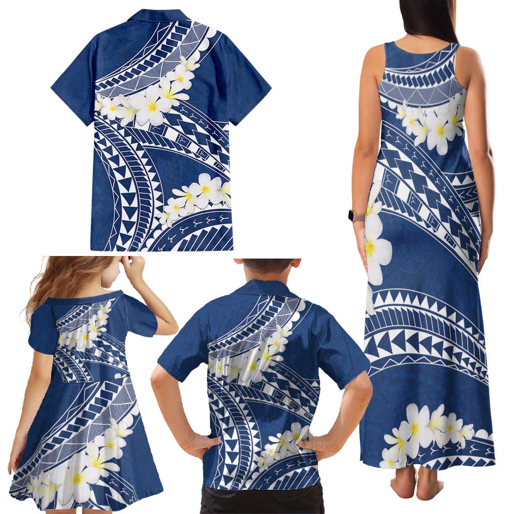 Polynesian Vintage Floral Family Matching Tank Maxi Dress and Hawaiian Shirt Navy Blue Motifs - Polynesian Pride