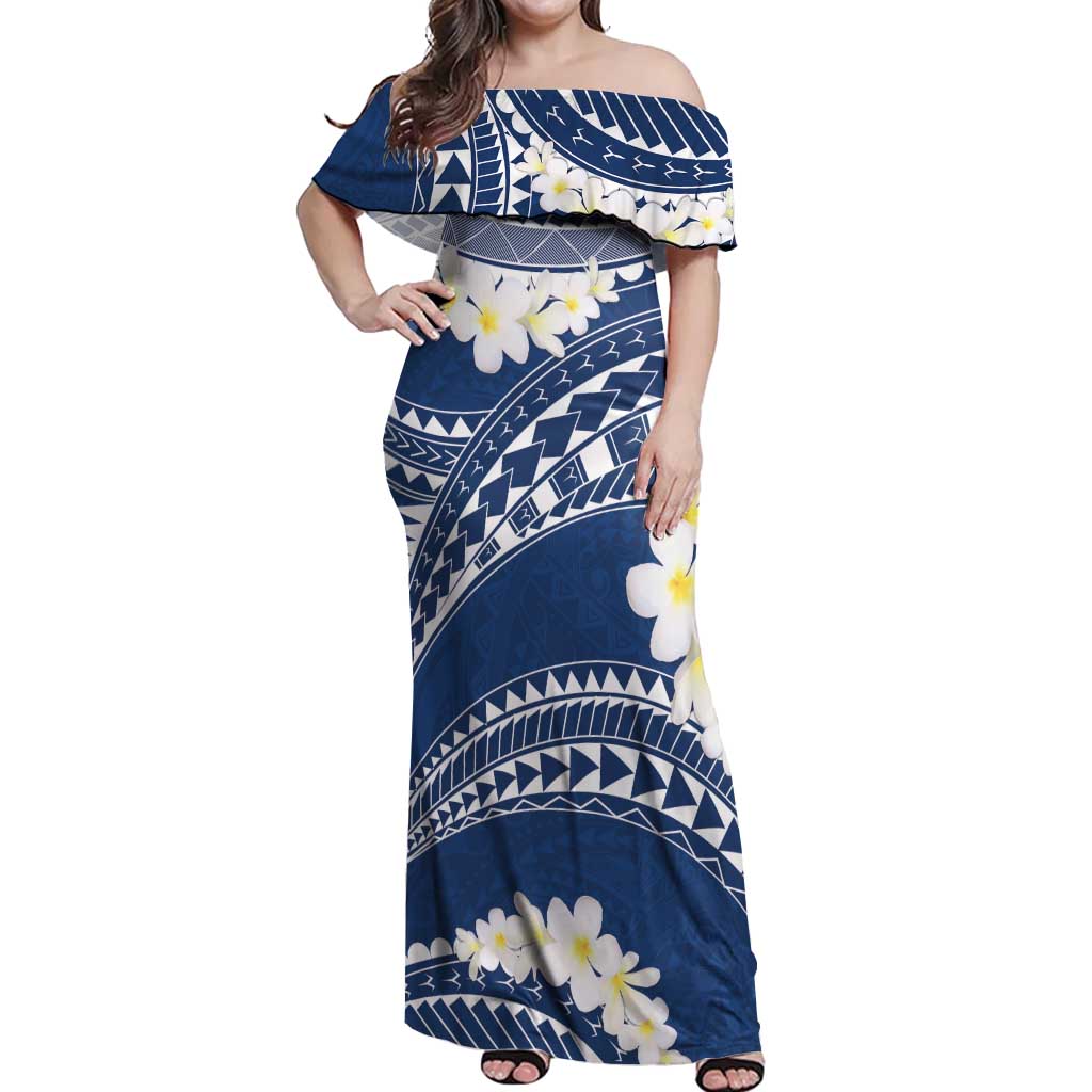 Polynesian Vintage Floral Off Shoulder Maxi Dress Navy Blue Motifs LT7 Women Navy Blue - Polynesian Pride