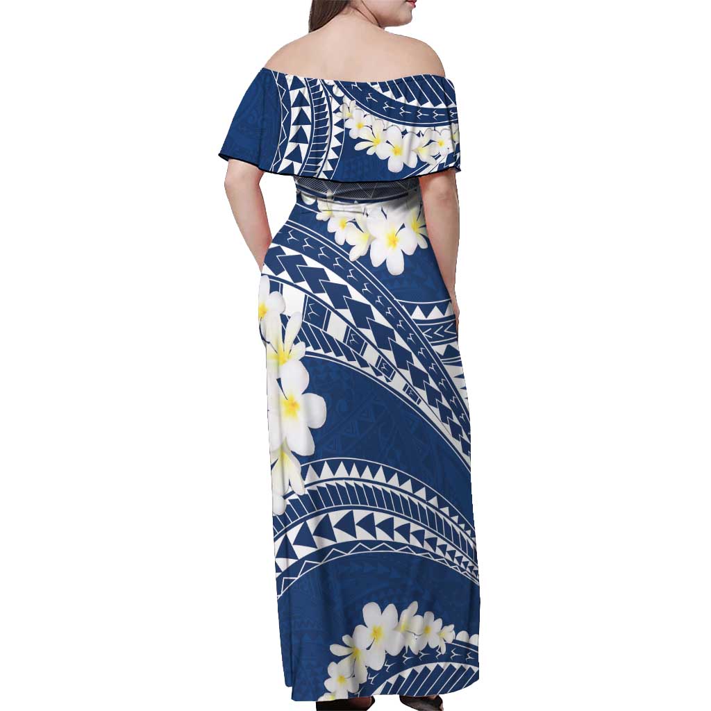 Polynesian Vintage Floral Off Shoulder Maxi Dress Navy Blue Motifs LT7 - Polynesian Pride