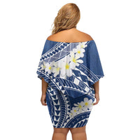 Polynesian Vintage Floral Off Shoulder Short Dress Navy Blue Motifs - Polynesian Pride