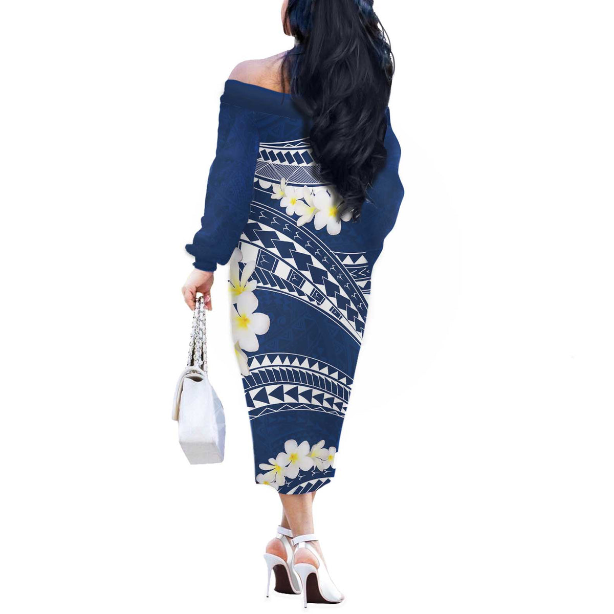 Polynesian Vintage Floral Off The Shoulder Long Sleeve Dress Navy Blue Motifs - Polynesian Pride