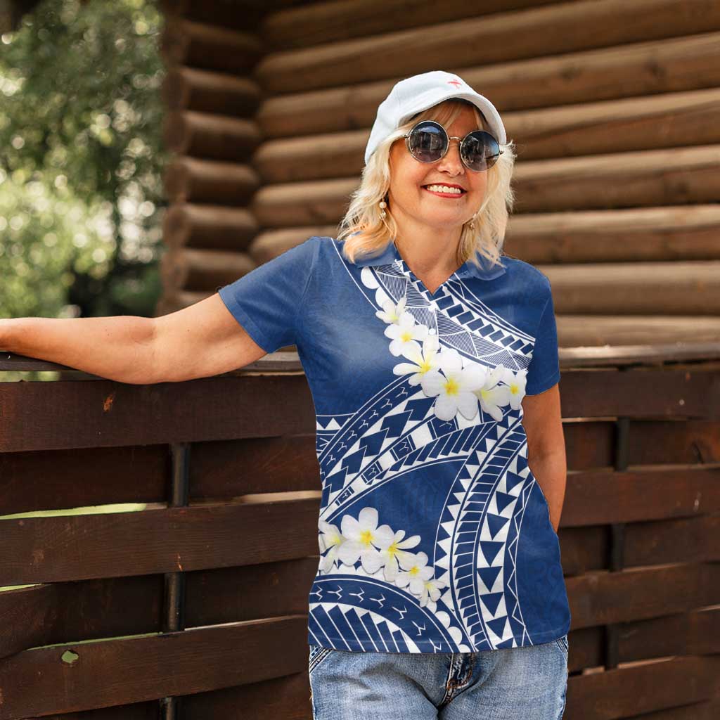 Polynesian Vintage Floral Women Polo Shirt Navy Blue Motifs - Polynesian Pride
