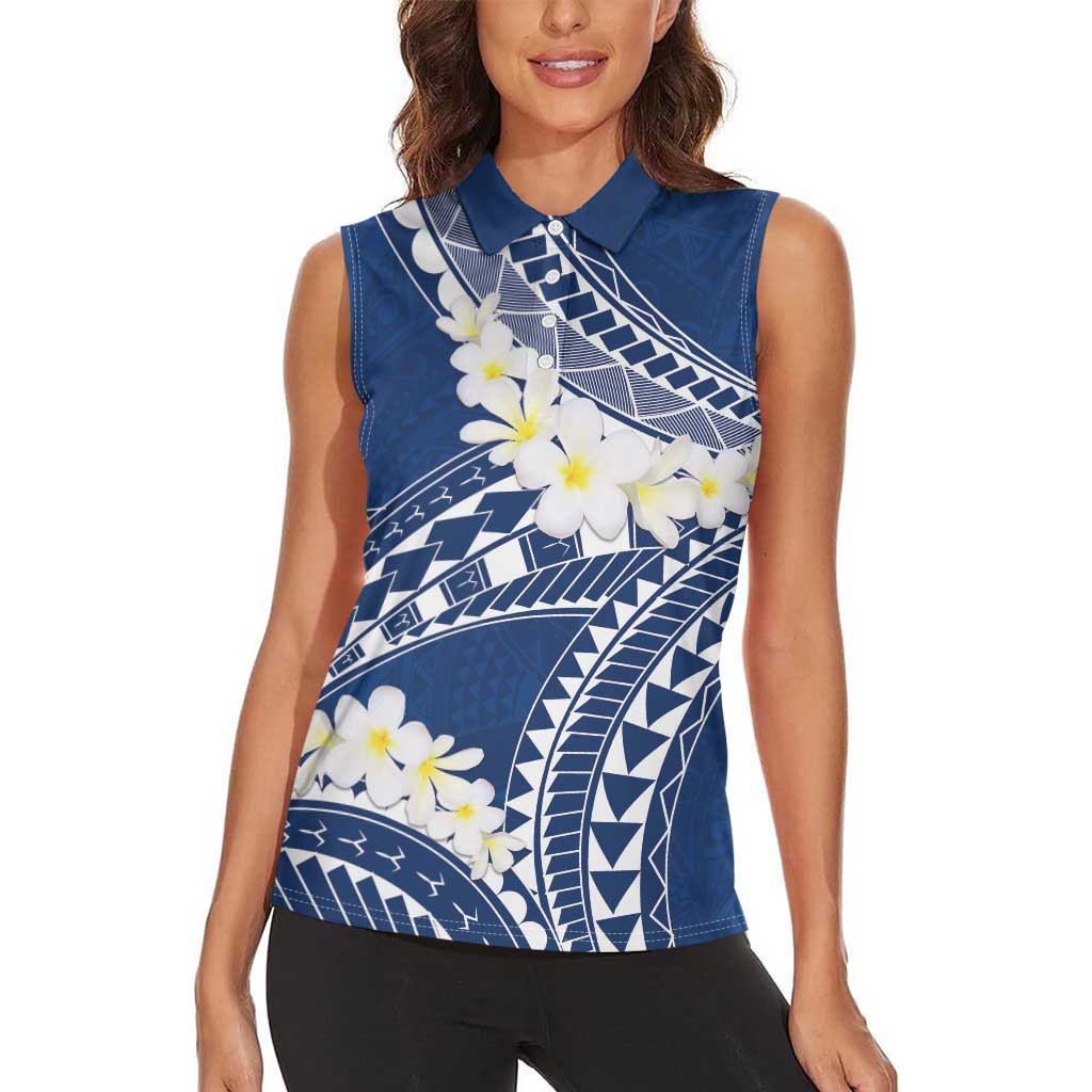 Polynesian Vintage Floral Women Sleeveless Polo Shirt Navy Blue Motifs - Polynesian Pride