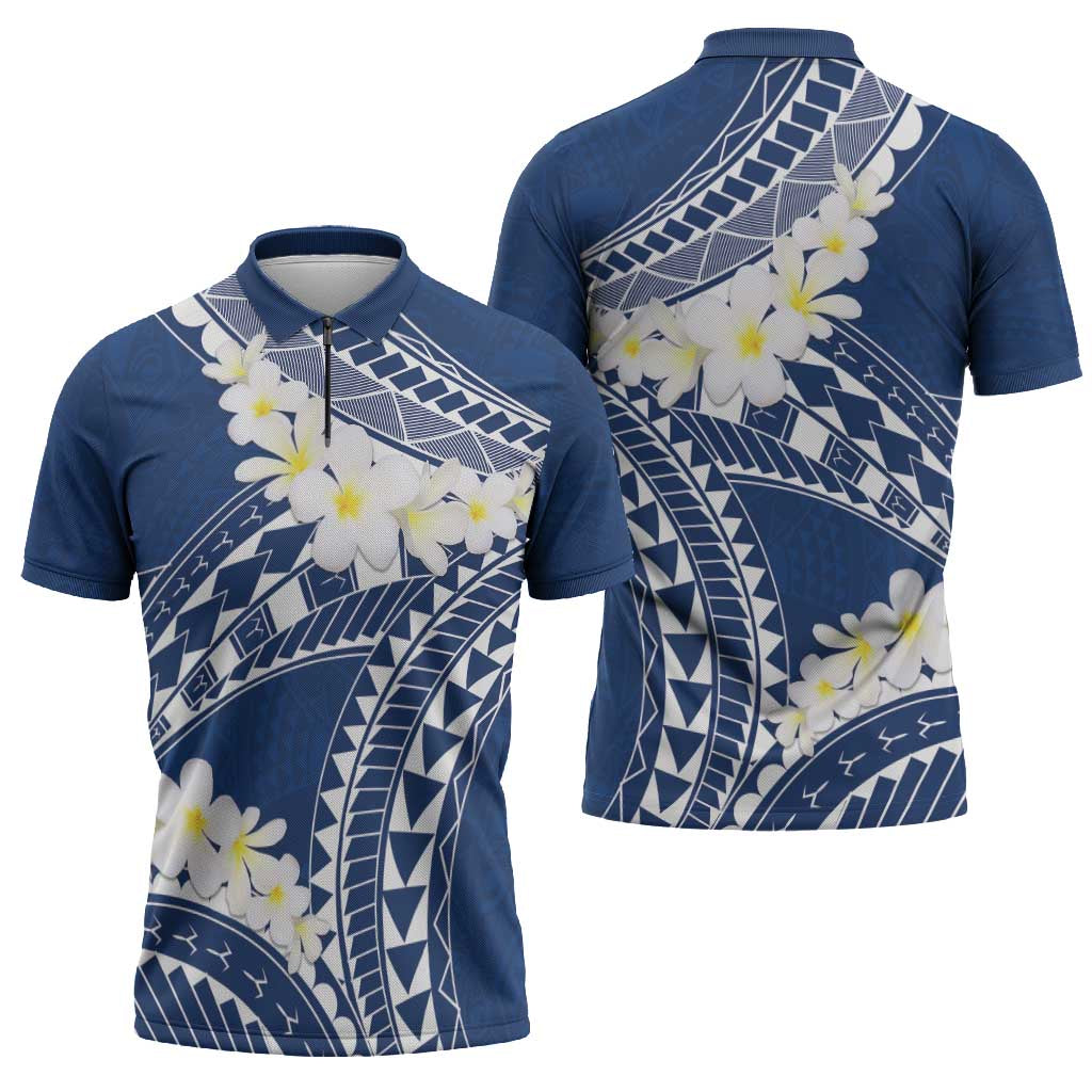Polynesian Vintage Floral Zipper Polo Shirt Navy Blue Motifs - Polynesian Pride