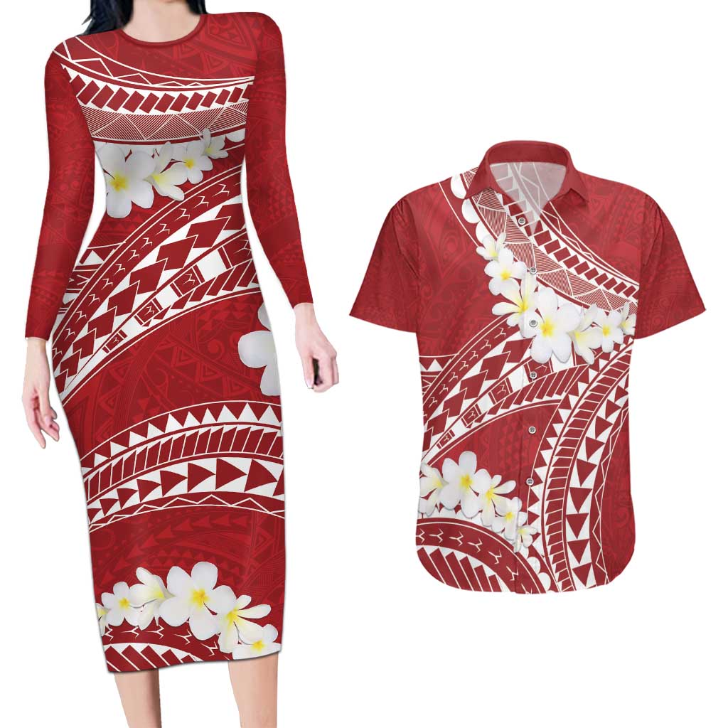 Polynesian Vintage Floral Couples Matching Long Sleeve Bodycon Dress and Hawaiian Shirt Scarlet Motifs - Polynesian Pride