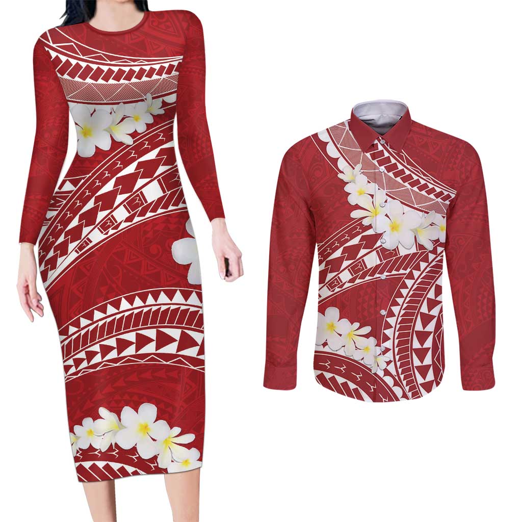 Polynesian Vintage Floral Couples Matching Long Sleeve Bodycon Dress and Long Sleeve Button Shirt Scarlet Motifs - Polynesian Pride