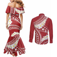Polynesian Vintage Floral Couples Matching Mermaid Dress and Long Sleeve Button Shirt Scarlet Motifs - Polynesian Pride