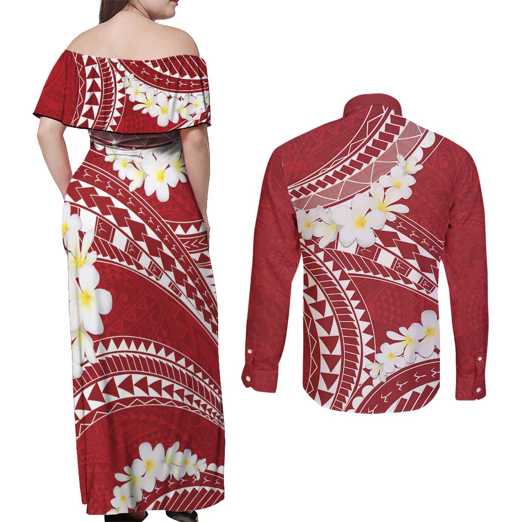 Polynesian Vintage Floral Couples Matching Off Shoulder Maxi Dress and Long Sleeve Button Shirt Scarlet Motifs - Polynesian Pride