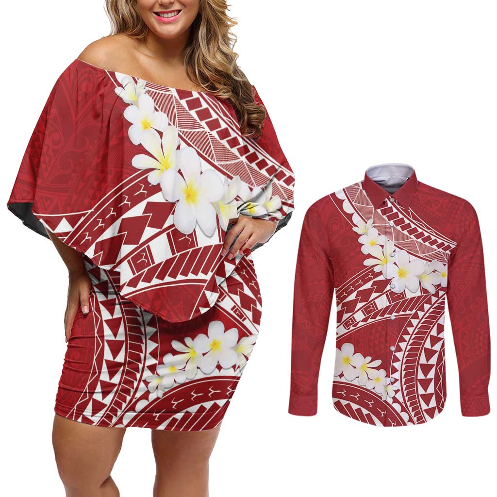 Polynesian Vintage Floral Couples Matching Off Shoulder Short Dress and Long Sleeve Button Shirt Scarlet Motifs - Polynesian Pride