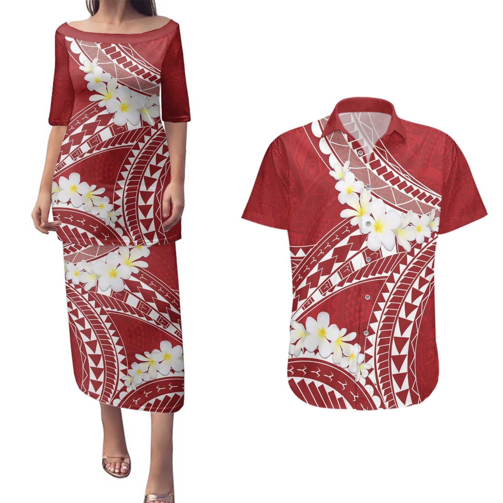 Polynesian Vintage Floral Couples Matching Puletasi and Hawaiian Shirt Scarlet Motifs - Polynesian Pride