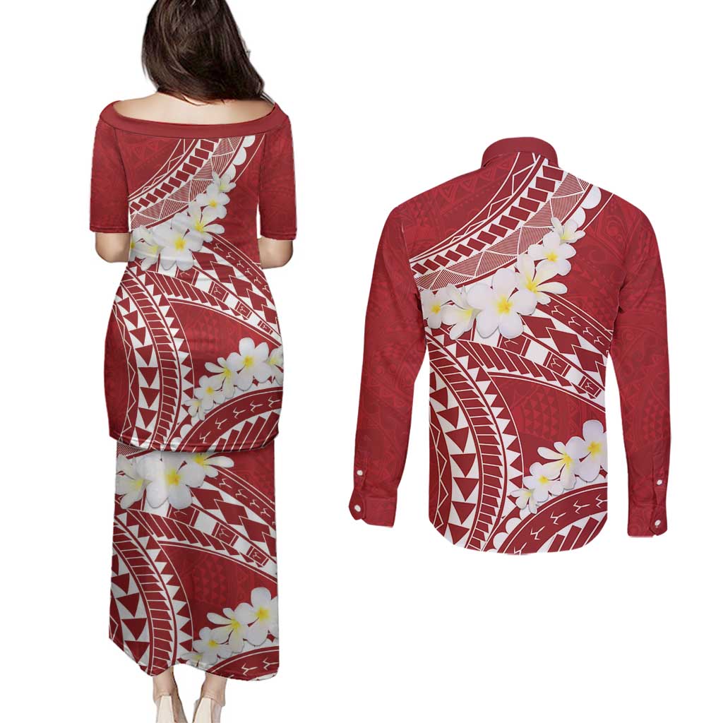 Polynesian Vintage Floral Couples Matching Puletasi and Long Sleeve Button Shirt Scarlet Motifs - Polynesian Pride