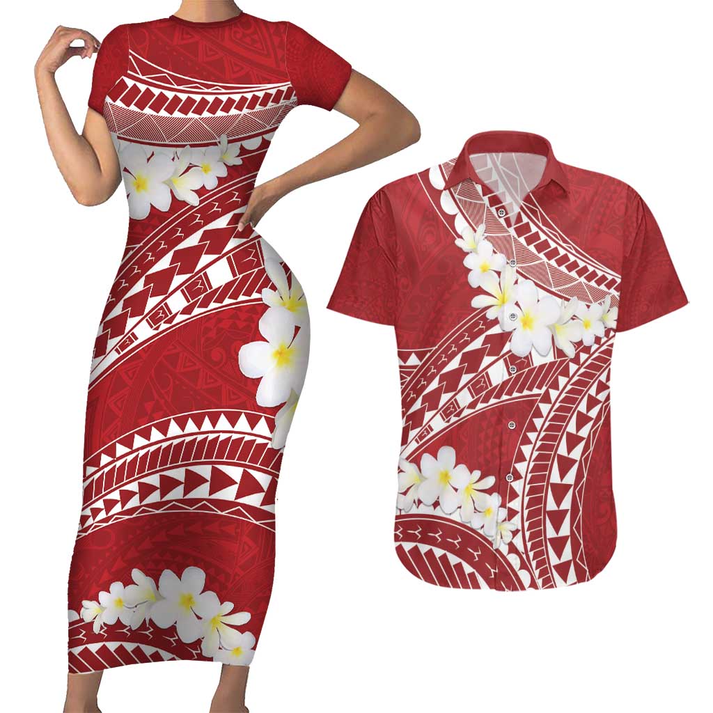 Polynesian Vintage Floral Couples Matching Short Sleeve Bodycon Dress and Hawaiian Shirt Scarlet Motifs - Polynesian Pride