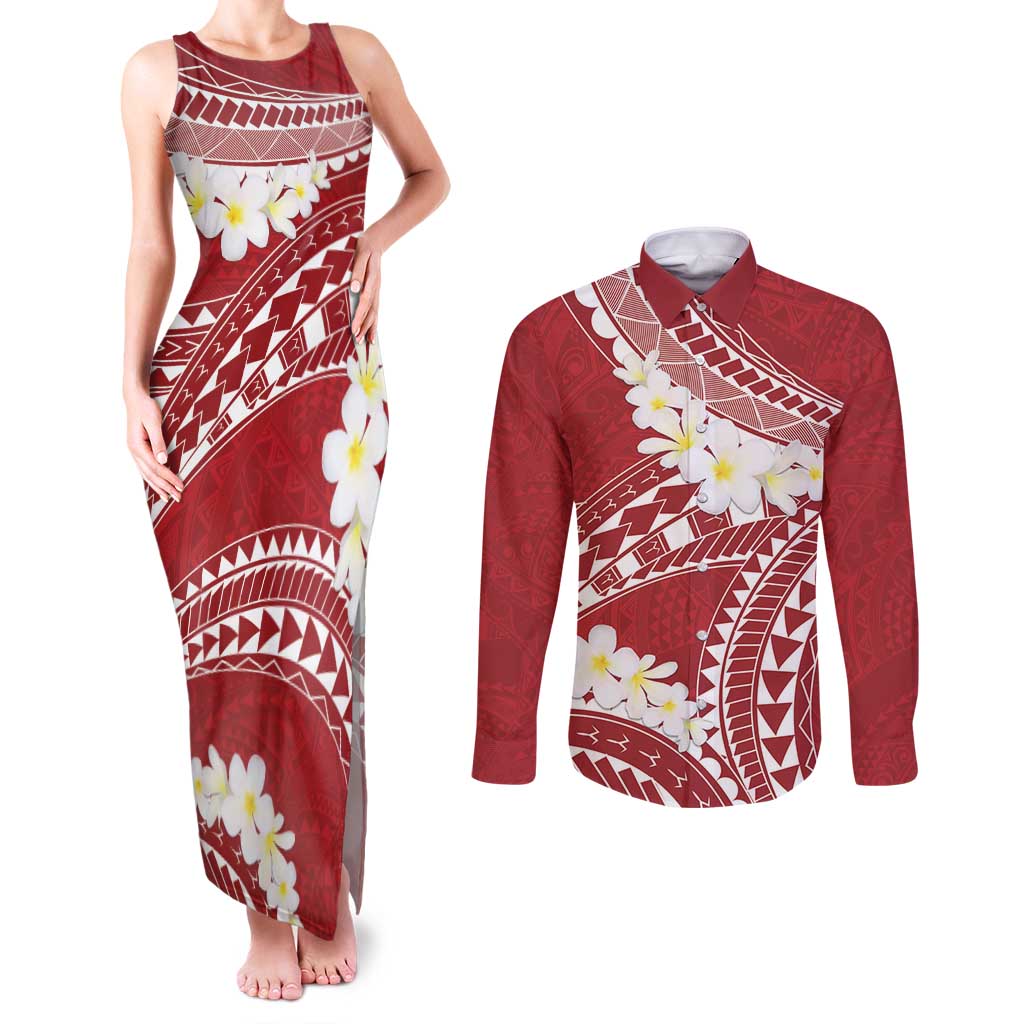 Polynesian Vintage Floral Couples Matching Tank Maxi Dress and Long Sleeve Button Shirt Scarlet Motifs - Polynesian Pride