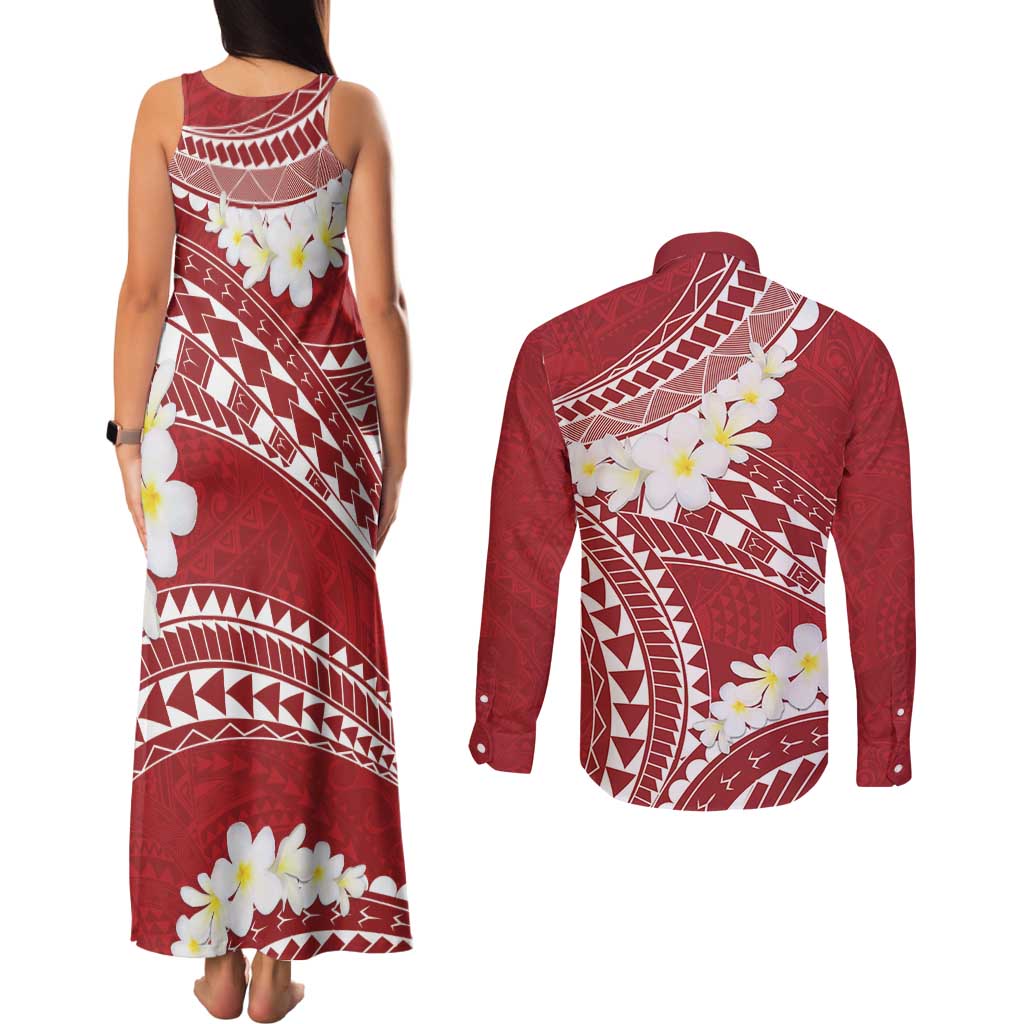 Polynesian Vintage Floral Couples Matching Tank Maxi Dress and Long Sleeve Button Shirt Scarlet Motifs - Polynesian Pride