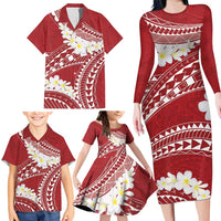 Polynesian Vintage Floral Family Matching Long Sleeve Bodycon Dress and Hawaiian Shirt Scarlet Motifs - Polynesian Pride