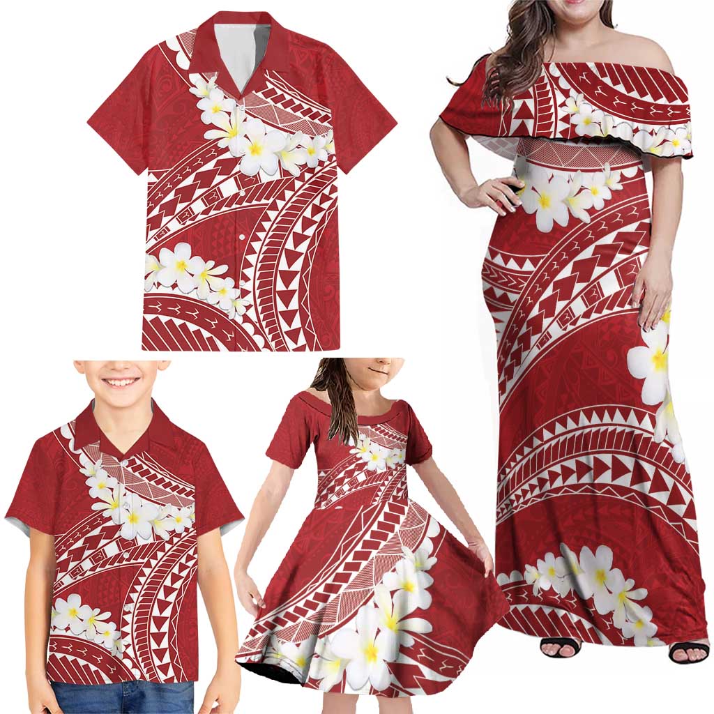 Polynesian Vintage Floral Family Matching Off Shoulder Maxi Dress and Hawaiian Shirt Scarlet Motifs - Polynesian Pride