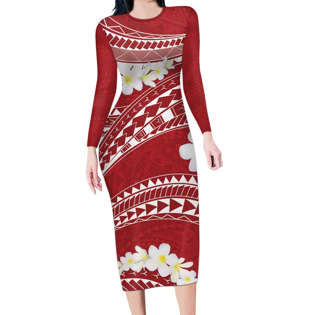 Polynesian Vintage Floral Long Sleeve Bodycon Dress Scarlet Motifs - Polynesian Pride