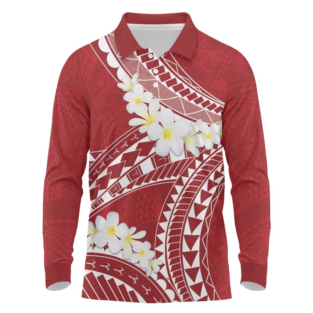 Polynesian Vintage Floral Long Sleeve Polo Shirt Scarlet Motifs - Polynesian Pride