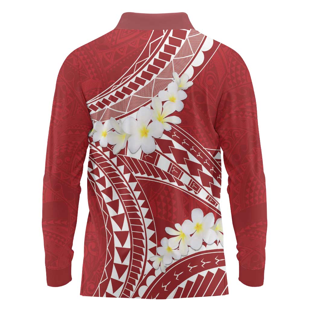 Polynesian Vintage Floral Long Sleeve Polo Shirt Scarlet Motifs - Polynesian Pride