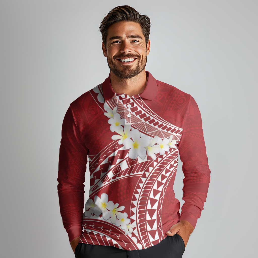 Polynesian Vintage Floral Long Sleeve Polo Shirt Scarlet Motifs - Polynesian Pride