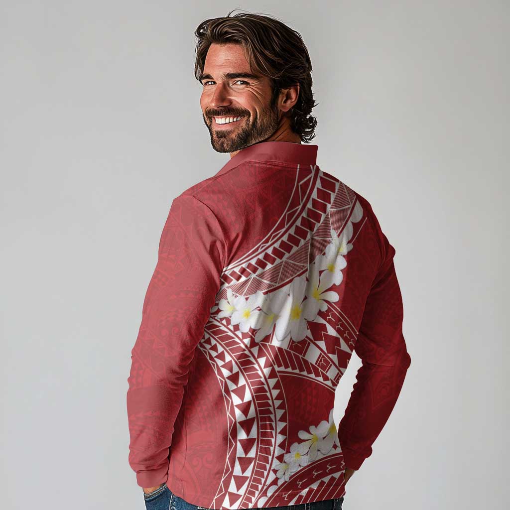Polynesian Vintage Floral Long Sleeve Polo Shirt Scarlet Motifs - Polynesian Pride