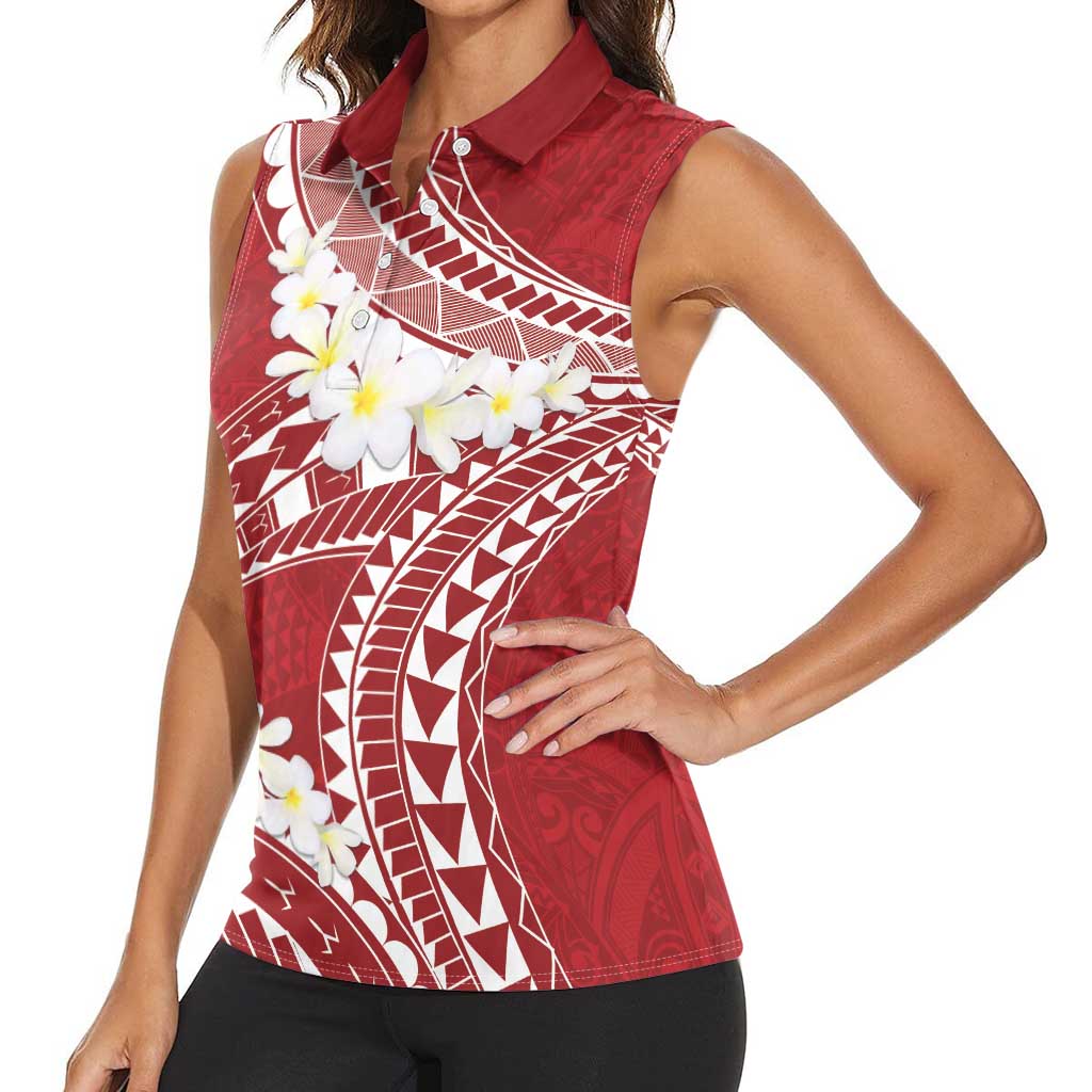 Polynesian Vintage Floral Women Sleeveless Polo Shirt Scarlet Motifs - Polynesian Pride