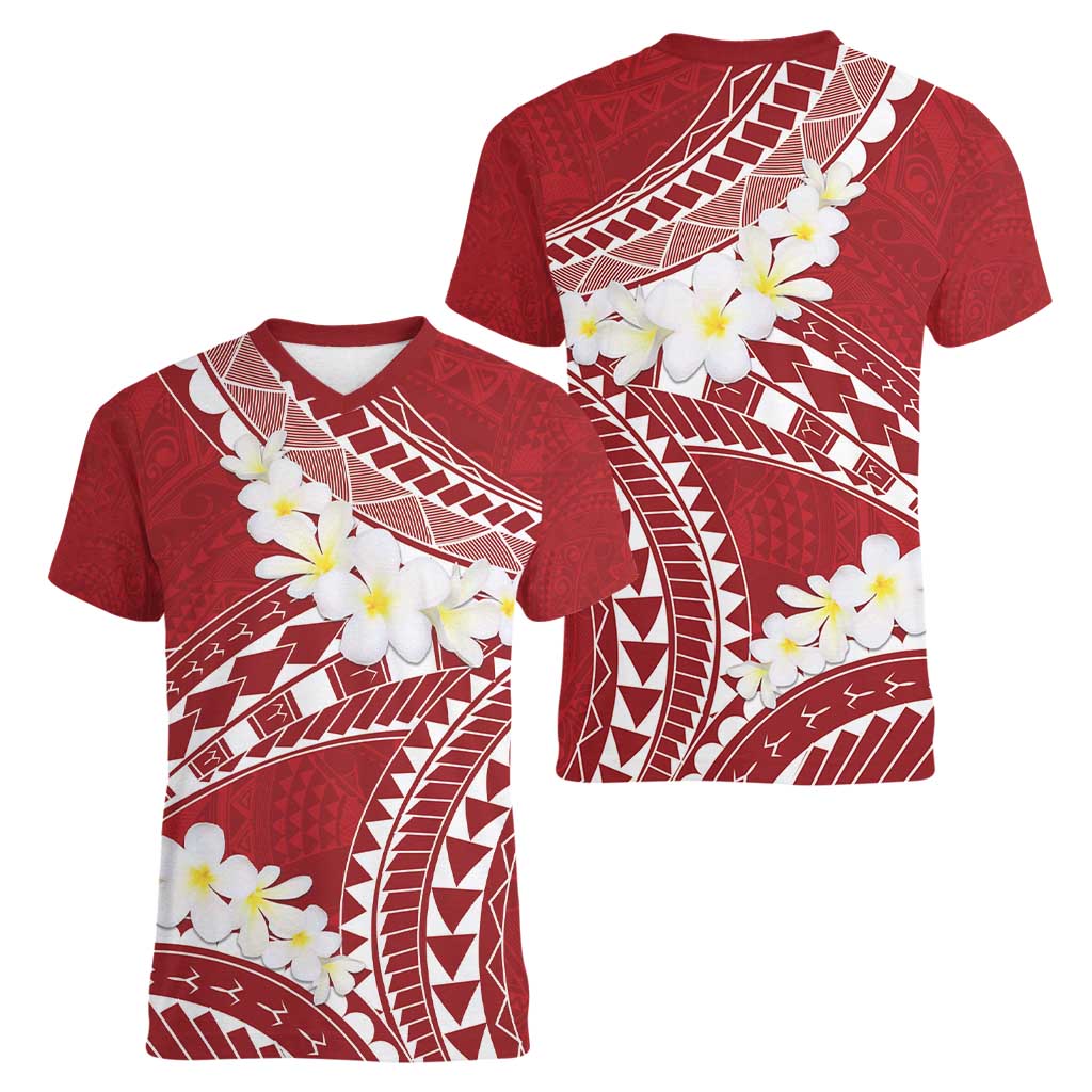 Polynesian Vintage Floral Women V-Neck T-Shirt Scarlet Motifs - Polynesian Pride