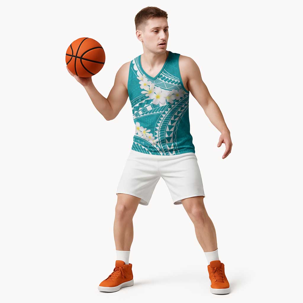 Polynesian Vintage Floral Basketball Jersey Teal Motifs - Polynesian Pride