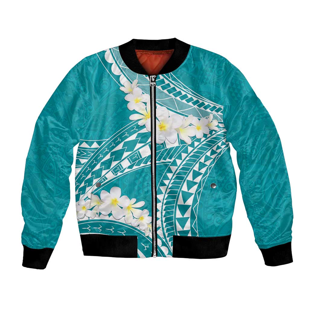 Polynesian Vintage Floral Bomber Jacket Teal Motifs - Polynesian Pride