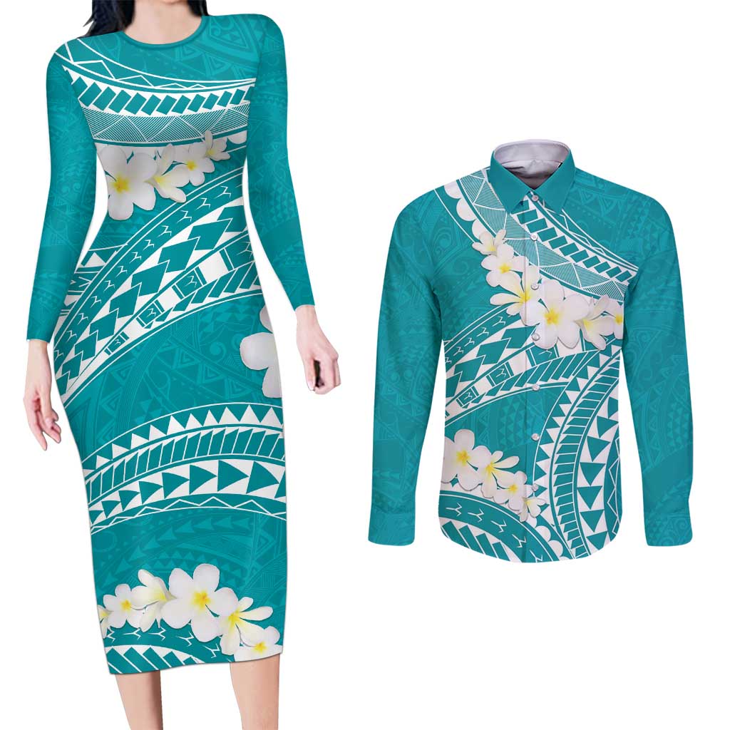 Polynesian Vintage Floral Couples Matching Long Sleeve Bodycon Dress and Long Sleeve Button Shirt Teal Motifs - Polynesian Pride
