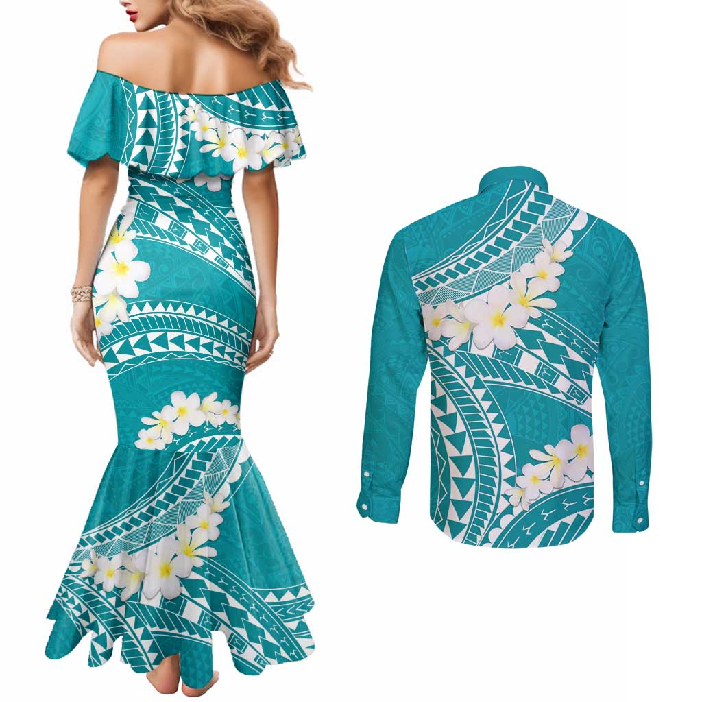 Polynesian Vintage Floral Couples Matching Mermaid Dress and Long Sleeve Button Shirt Teal Motifs - Polynesian Pride