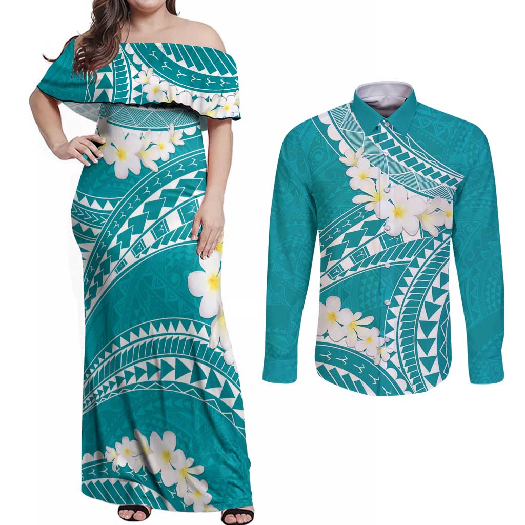 Polynesian Vintage Floral Couples Matching Off Shoulder Maxi Dress and Long Sleeve Button Shirt Teal Motifs - Polynesian Pride