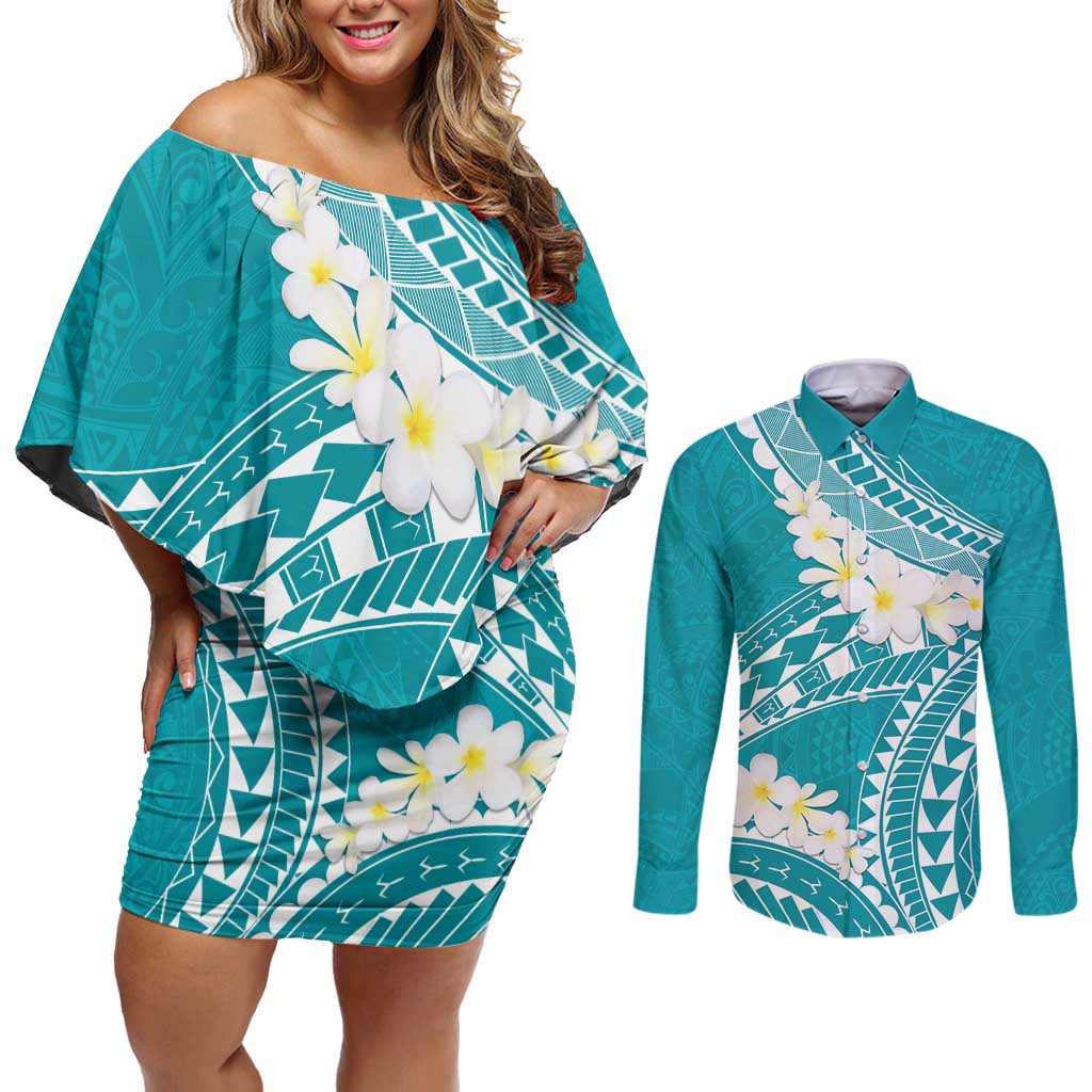 Polynesian Vintage Floral Couples Matching Off Shoulder Short Dress and Long Sleeve Button Shirt Teal Motifs - Polynesian Pride