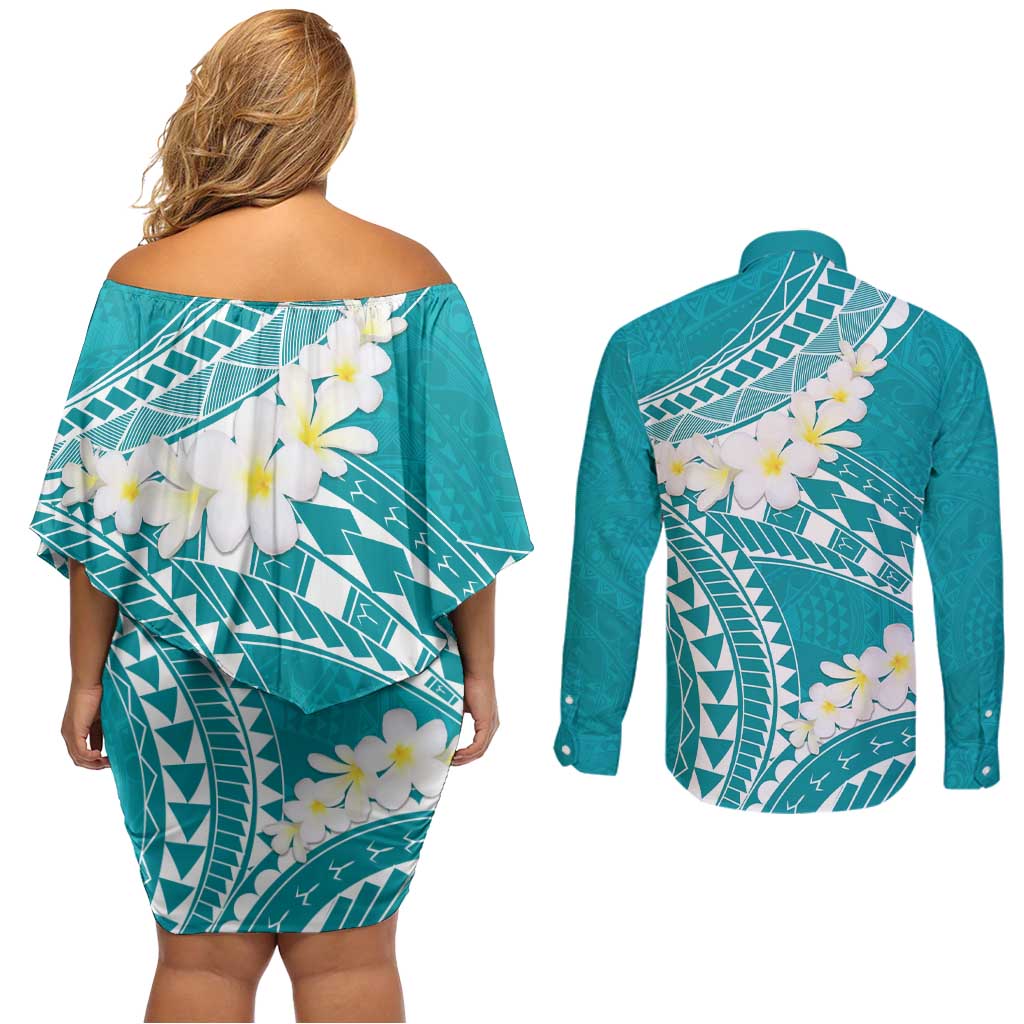 Polynesian Vintage Floral Couples Matching Off Shoulder Short Dress and Long Sleeve Button Shirt Teal Motifs - Polynesian Pride