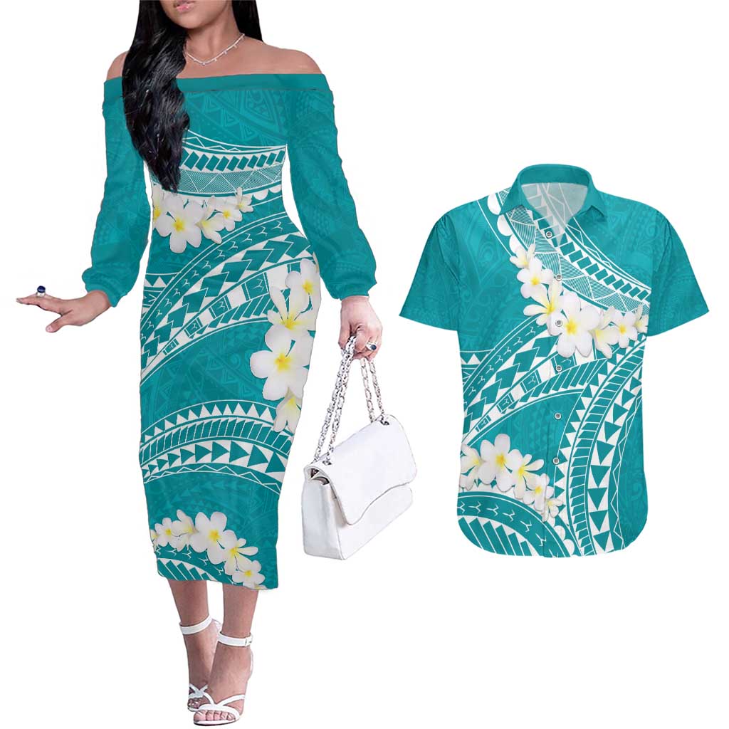 Polynesian Vintage Floral Couples Matching Off The Shoulder Long Sleeve Dress and Hawaiian Shirt Teal Motifs - Polynesian Pride