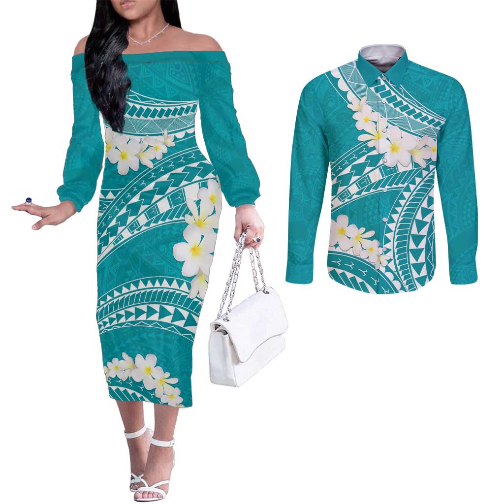 Polynesian Vintage Floral Couples Matching Off The Shoulder Long Sleeve Dress and Long Sleeve Button Shirt Teal Motifs - Polynesian Pride