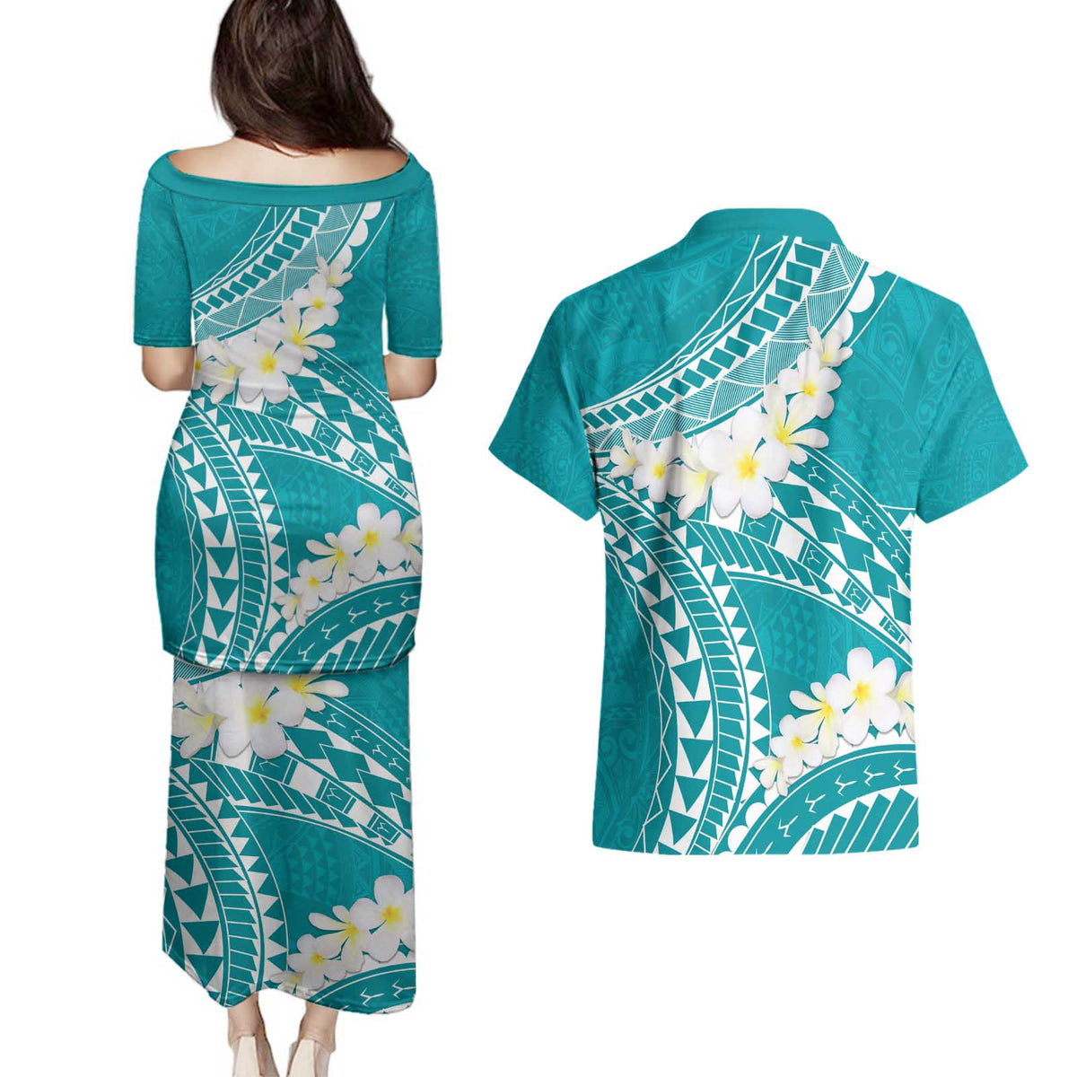 Polynesian Vintage Floral Couples Matching Puletasi and Hawaiian Shirt Teal Motifs - Polynesian Pride